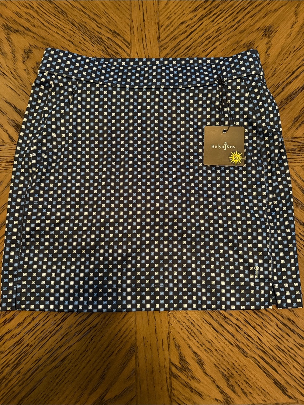 Belyn Key Navy Mini Skort with Light Blue and White Square Print